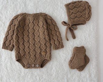 Baby boy romper bonnet socks - Set of 3  - Toddler boy - Sitter romper - Baby boy set - Romper and bonnet - Baby boy set - Brown