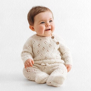 Conjunto de 2 - Jersey y pantalón con pies de bebé - Conjunto bebé alpaca - Niña - Niño - Conjunto bebé unisex - Crema