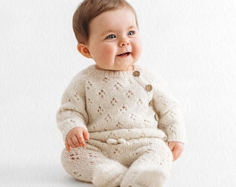 Lot de 2 - Pull et pantalon pour bébé avec chaussons - Ensemble bébé alpaga - Bébé fille - Bébé garçon - Ensemble bébé unisexe - Crème