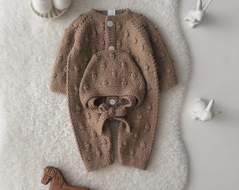 0-3 months Knit Baby Boy Outfit – Merino Romper & Bonnet - Brown color