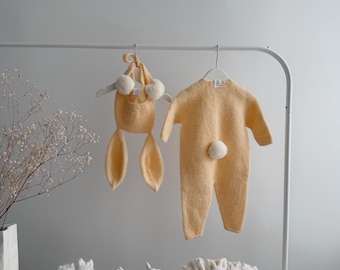 Alpaca Knit Bunny Romper and Bonnet set