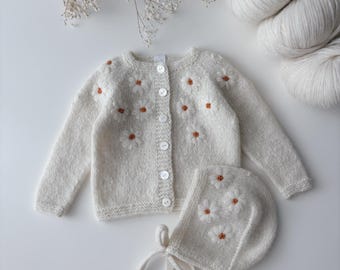 Baby cardigan and bonnet - 9-12 months - Set of 2 - Baby embroidery cardigan - Baby girl bonnet - Baby girl cardigan - READY TO SHIP