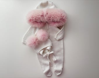 Baby girl romper with fur trim - Baby romper  - Baby girl - Long legs romper with footies - Romper with fur trim hood - Baby girl - White
