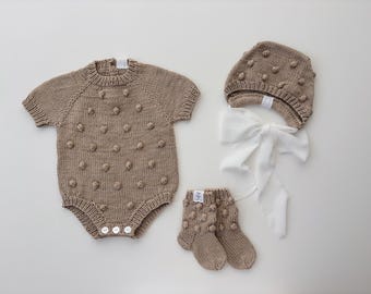 Set of 3  - Short sleeve romper, bonnet and socks - Baby boy prop - Photo props - Baby photo prop - Baby girl - Baby boy - Cotton - Baby