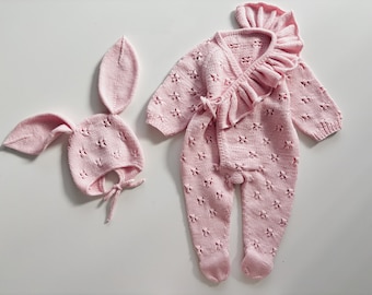 Set of 2 - Baby girl set - Baby girl outfit - Long legs romper and bonnet - Romper with ruffles - Baby girl - Baby girl outfit -