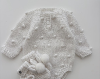 Popcorn romper and bunny booties - 0-3 months - Set of 2 - Easter outfit - Baby boy outfit - Baby boy bunny - Bunny romper - READY TO SHIP