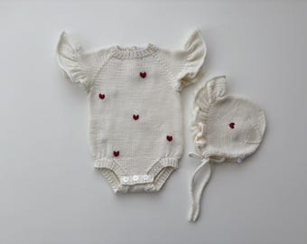 Baby Merino Romper and Bonnet Set – Cream Knit Outfit - Hearts Valentine day