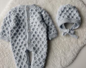 Knit Baby Boy Outfit – Merino Romper & Bonnet - Pale blue color