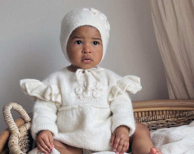 Featured listing image: Baby girl romper and bonnet - Set of 2 - Baby girl romper - Long sleeve romper - Romper and bonnet - Girl romper - Baby outfit - Embroidery