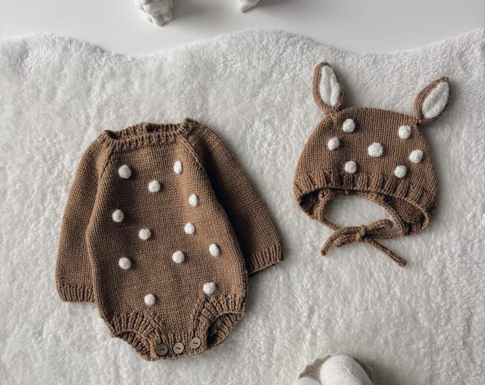 Featured listing image: Merino Wool Deer Romper and Bonnet Set – Baby Christmas Outfit