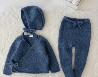 Baby cardigan panties and bonnet - Set of 3 - Baby outfit - Baby boy outfit - Baby clothes - Baby clothing set - Baby boy - Alpaca yarn