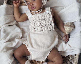 Baby girl romper set - Set of 3  - Summer romper - Romper and bonnet set - Sleeveless romper - Baby outfit - Summer - Cream - Baby girl