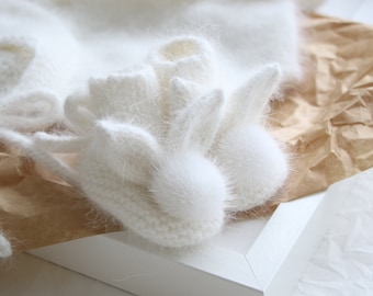 Baby bunny booties - Angora booties - Newborn girl - Newborn boy - Girl booties - White booties - Baby boy booties - Newborn