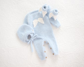 Set of 3 - Baby boy angel set - Long legs romper - Baby boy outfit - Baby boy - Pale blue outfit for boy - Angora angel set - Baby booties