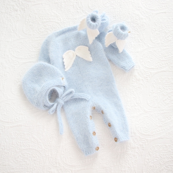 Set of 3 - Baby boy angel set - Long legs romper - Baby boy outfit - Baby boy - Pale blue outfit for boy - Angora angel set - Baby booties