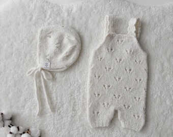 Baby Alpaca Romper and Bonnet Set – Cream Knit Photography Prop