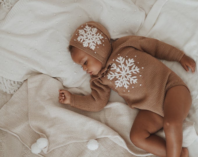 Featured listing image: Set of 2 - Long sleeve romper and bonnet - Baby boy prop - Photo props - Baby photo prop - Baby boy - Baby outfit - Camel