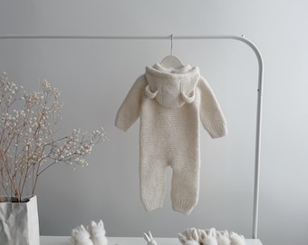0-3 months Baby Alpaca Knit Bear Romper – Handmade Outfit