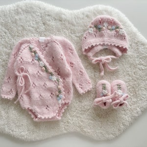 Lot de 3 - Ensemble barboteuse-bonnet bébé fille - Nouveau-né fille - Ensemble bébé fille - Ensemble nouveau-né - Ensemble hôpital - Rose