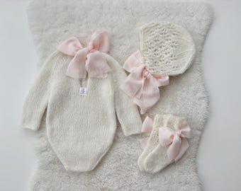 Set of 3 - Sitter romper - Long sleeve romper - Baby girl props - Photo props - Sitter girl - Baby photo prop - Cream baby romper - Baby