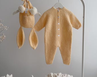 Alpaca Knit Bunny Romper Set – Baby Bonnet and Booties