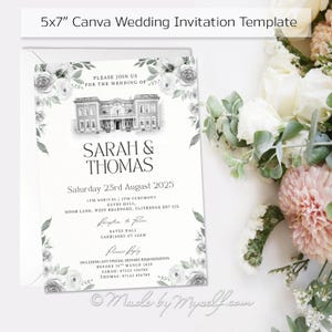 Pode incluir: Um modelo de convite de casamento de 5x7 polegadas com uma borda floral e uma ilustração detalhada de um edifício. O convite é para Sarah & Thomas, com a data, hora e detalhes do local. O texto "Made by Myself.com" está na parte inferior.