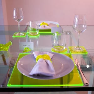 4 CHOFA PLACEMATS Neon Green, Acrylic Placemats, Chofa Home, Neon Green Placemats, Acrylic Square Placemats, Contemporary Dining Table Decor