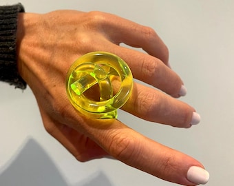 Neon Green MONACO Lucite Ring: Bold Acrylic Statement Jewelry