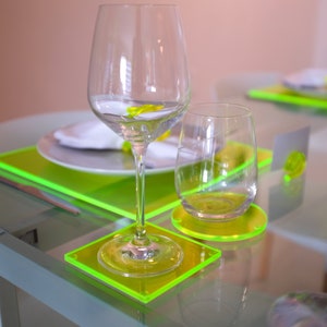 Neon Green Acrylic COASTERS: Square Contemporary Dining Decor, Set of 4