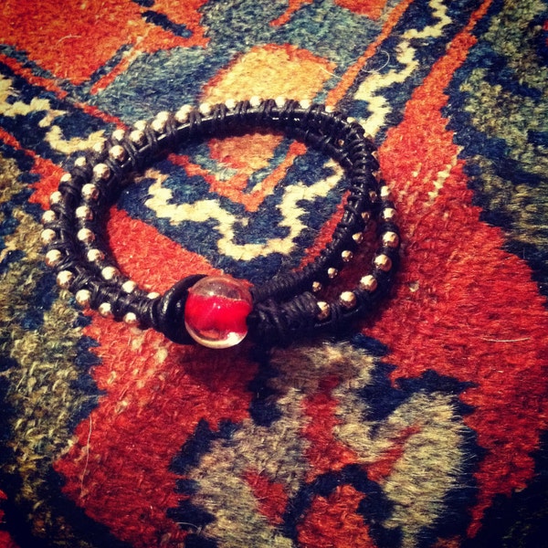 Black and Red Wrap Bracelet (Leather and Linen)