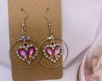 Butterfly Heart Dangle Earrings, Silver Tone, Handmade