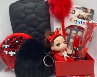 Tween Girl Gift Box Set, Black Wallet, Keychain, Press on Nails