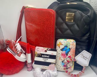 Black Backpack Purse & Red Wallet Gift Set