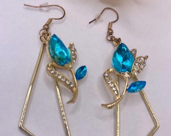 Handmade Geometric Dangle Earrings with Turquoise Floral Charm