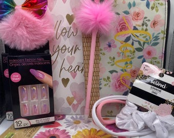 Tween Girl Gift Set, Press On Nails, Keychain, Stickers, Cosmetic Pouch