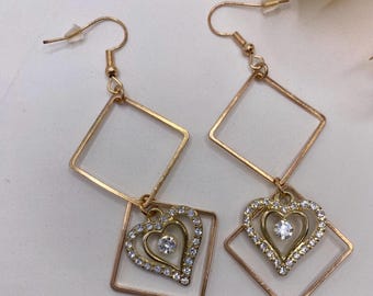 Dangle Earrings, Rhinestone Heart, Geometric Gold Layered Charm