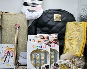 Black Backpack Purse & Gold Wallet Gift Set, Keychain, Scrunchie
