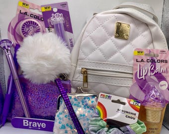 White Mini Backpack Gift Set, Coin Purse, Lip Gloss