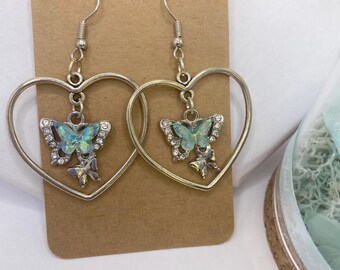 Silver Heart Dangle Earrings with Butterfly Charms