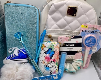 White Mini Backpack Purse and Blue Wallet Gift Set, Keychain, Scrunchie