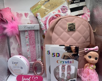 Girl's Pink Backpack Purse Gift Set, Mini Doll Keychain, Press On Nails, Spa Basket