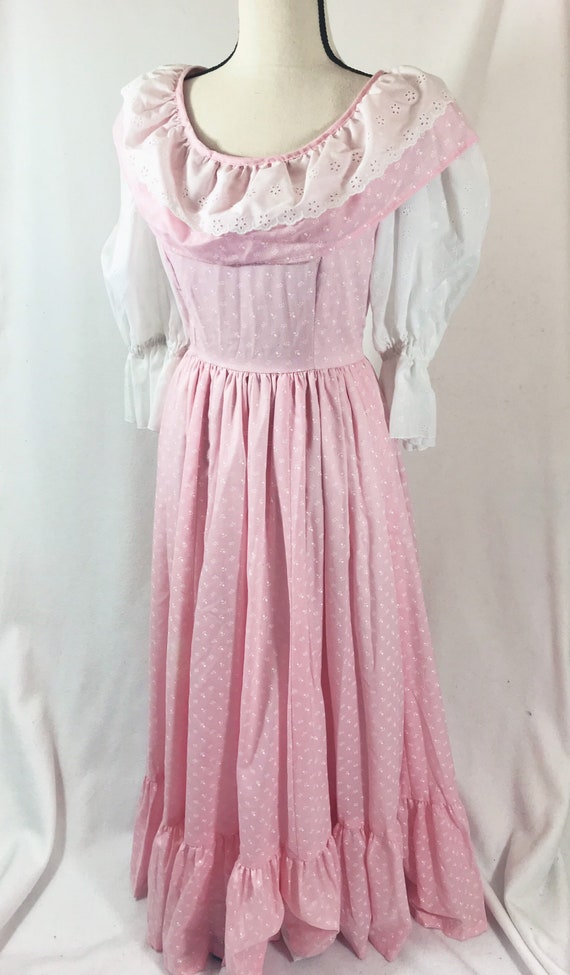 1970s Vintage Eyelet Puff Sleeve Praire Dress Pink