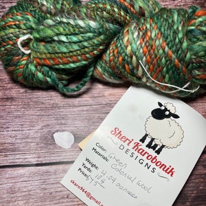 Handspun Variegated Bulky Green Colonial Wool for knitting, crochet, and weaving