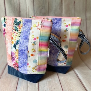 Fabric Project Bag, quilted bag, Lined, zippered bag, gift bag, craft bag, knitting bag, gift for her, crochet bag, up-cycled jeans/denim