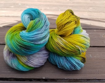 Hand Dyed Superwash Merino Wool/Nylon in "Yellow Faced Parakeet". Hand Dyed Yarn. Wool Yarn. Sport Weight Yarn.
