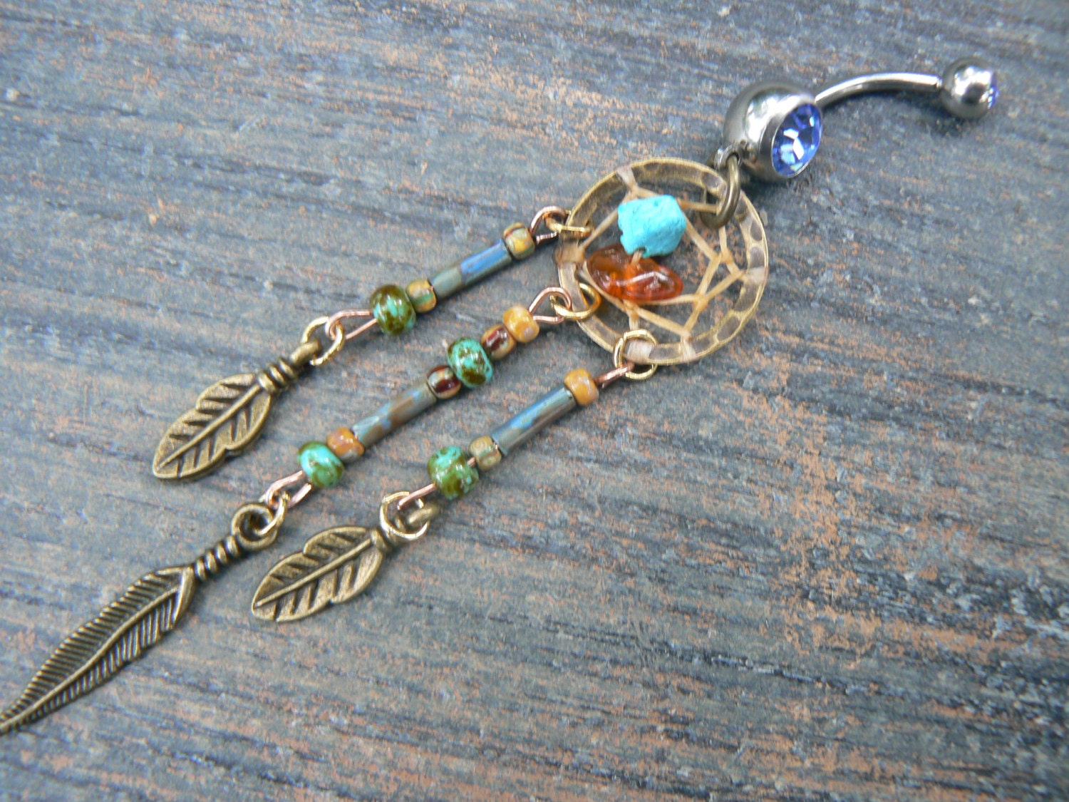 Turquoise and Amber Dreamcatcher Belly Ring Turquoise Czech - Etsy