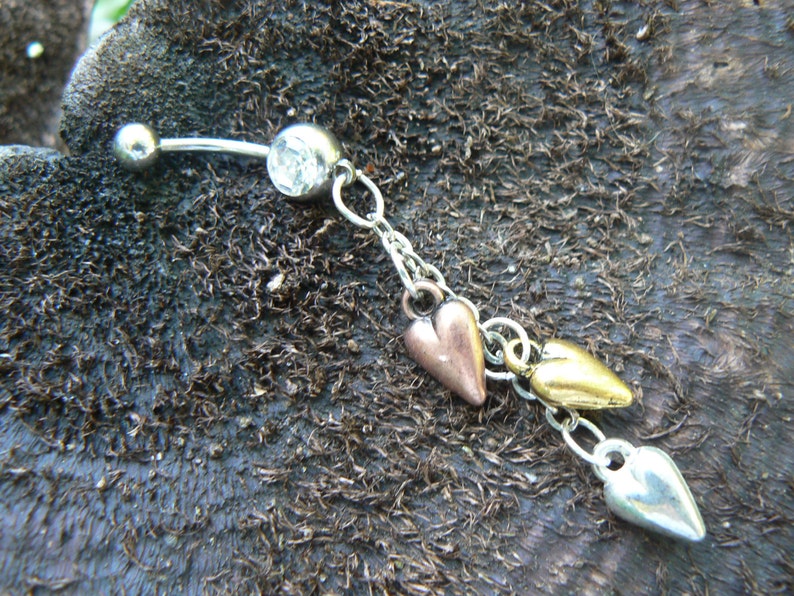triple heart belly ring silver gold and copper hearts in fantasy boho gypsy hippie belly dancer and hipster style
