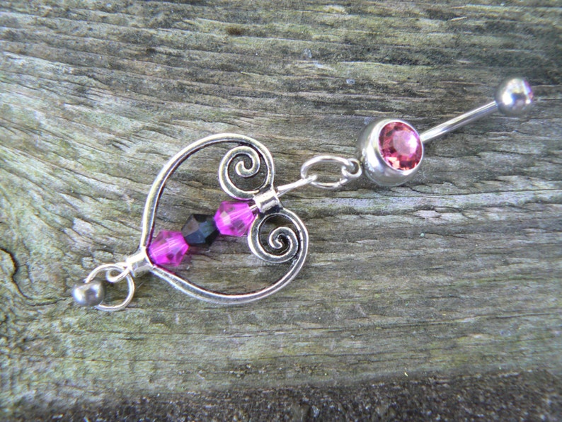 pink heart belly ring antique silver heart pink and black crystals in boho gypsy hippie and hipster style
