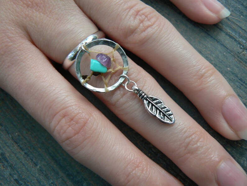 Dreamcatcher Ring Gemstones Amethyst and Turquoise Feather in Etsy