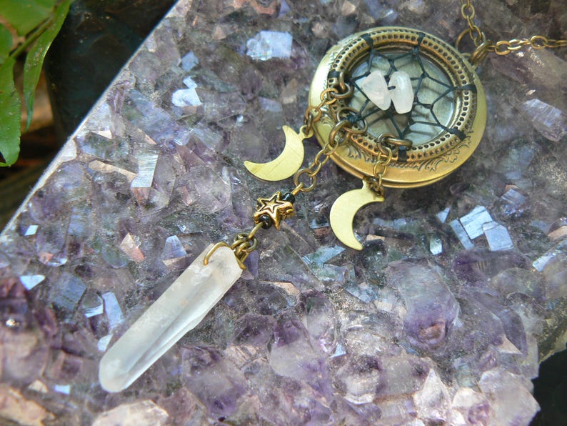 moonstone locket,dreamcatcher locket,moon Goddess necklace,moon,triple moon,wiccan,witch,Pagan,cosplay, photo locket,boho,goth,festival 